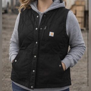Carhartt Black Outerwear Workwear Canvas Quilted Vest with Snap Buttons Unisex
